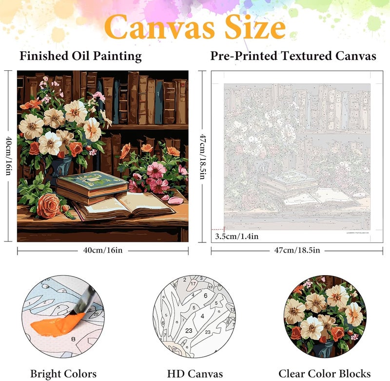 Okarina Paint by Numbers Kit for Adults Beginner Book, Adult Paint by Number Kits on Canvas, Bookshelf DIY Acrylic Oil Painting by Numbers for Adults, Flower for Home Wall Decor 16X16 Inch - Image 2